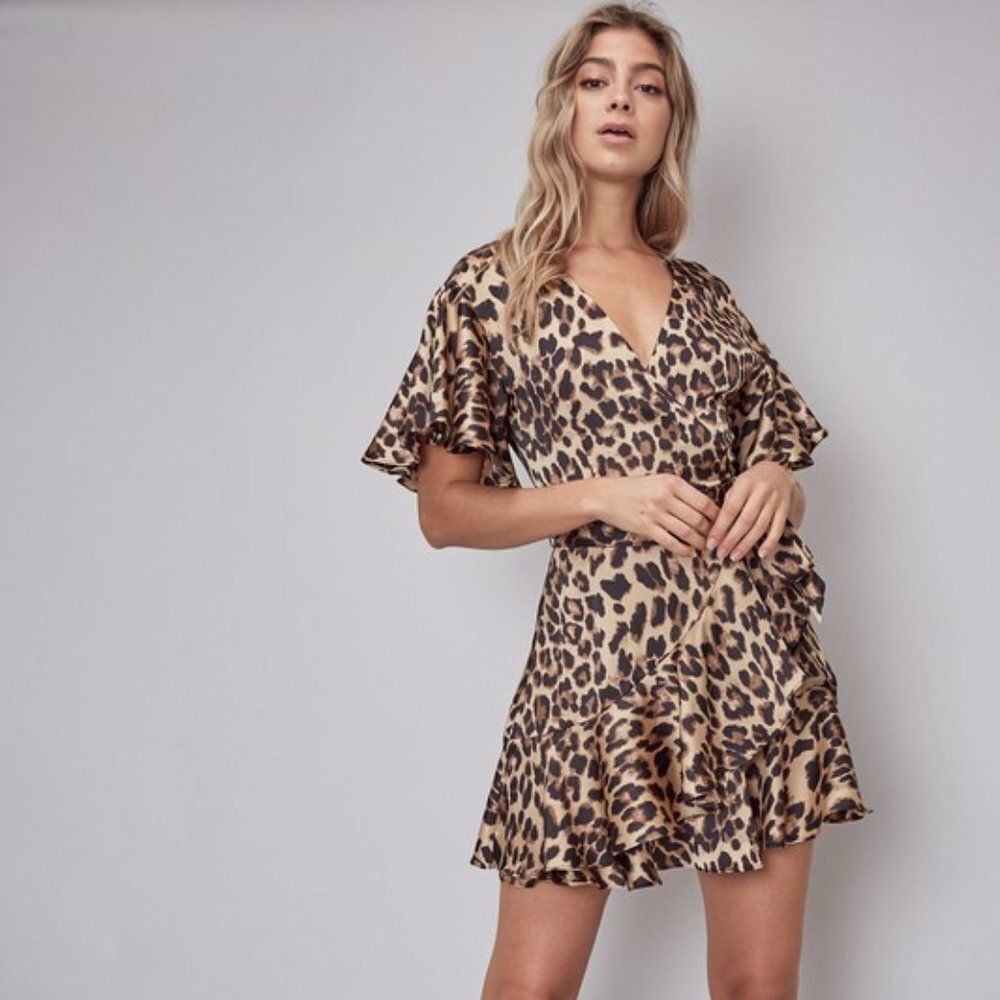 Satin Animal Print Flowy Wrap Ruffle Dress